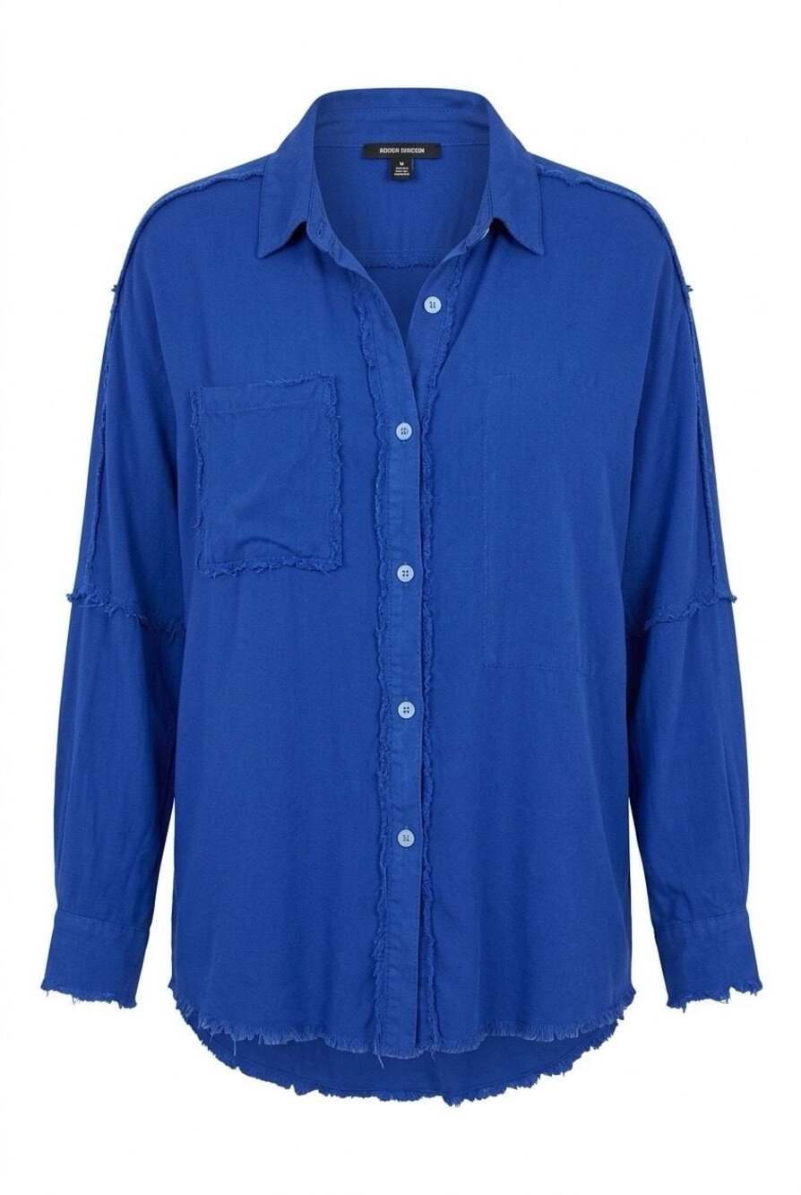 AEMI + CO Royal Blue Distressed Raw Edge Button Down Shirt Size L item 017